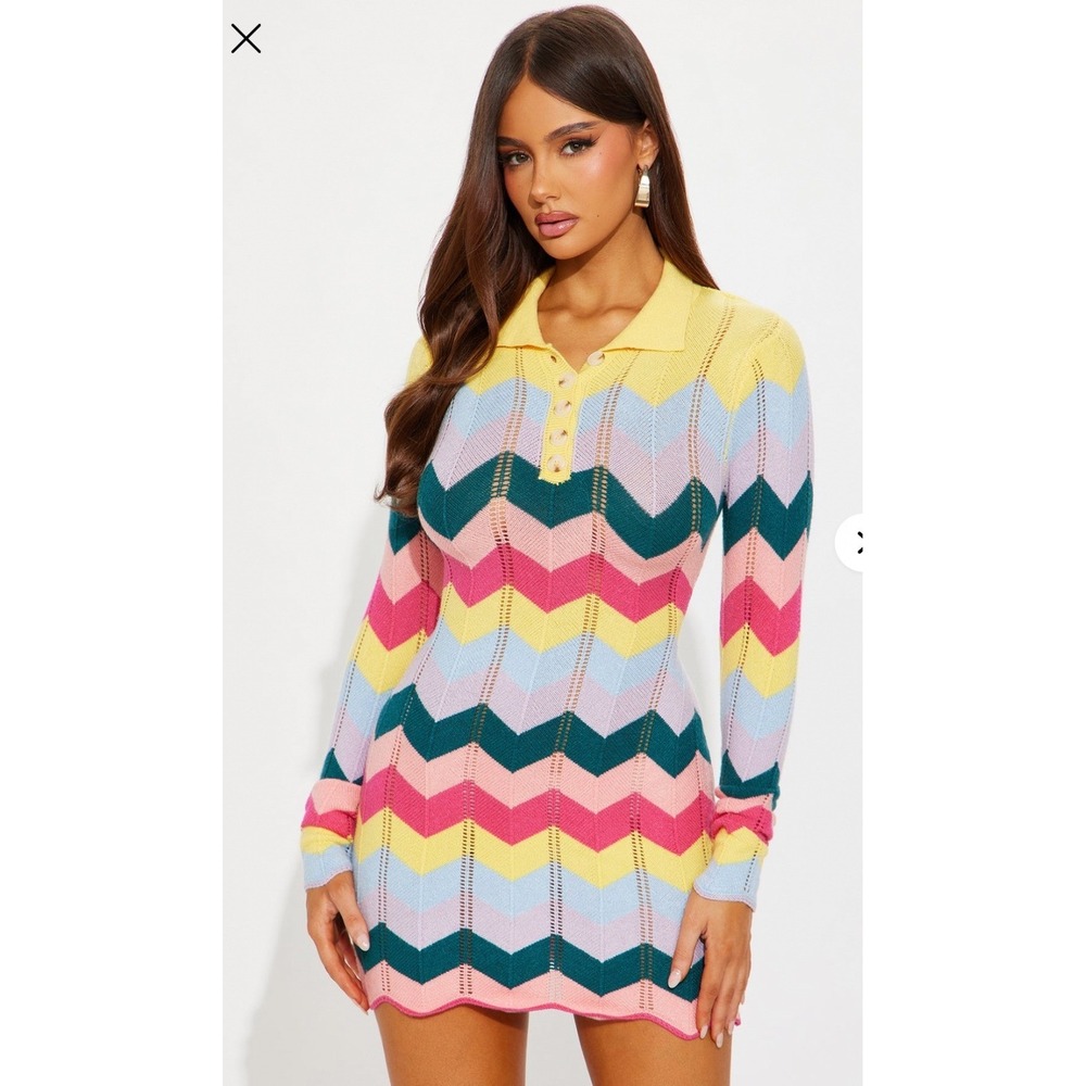Fashion Nova Chevron Pointelle Knit Mini Dress Multicolor Polo Medium NWT